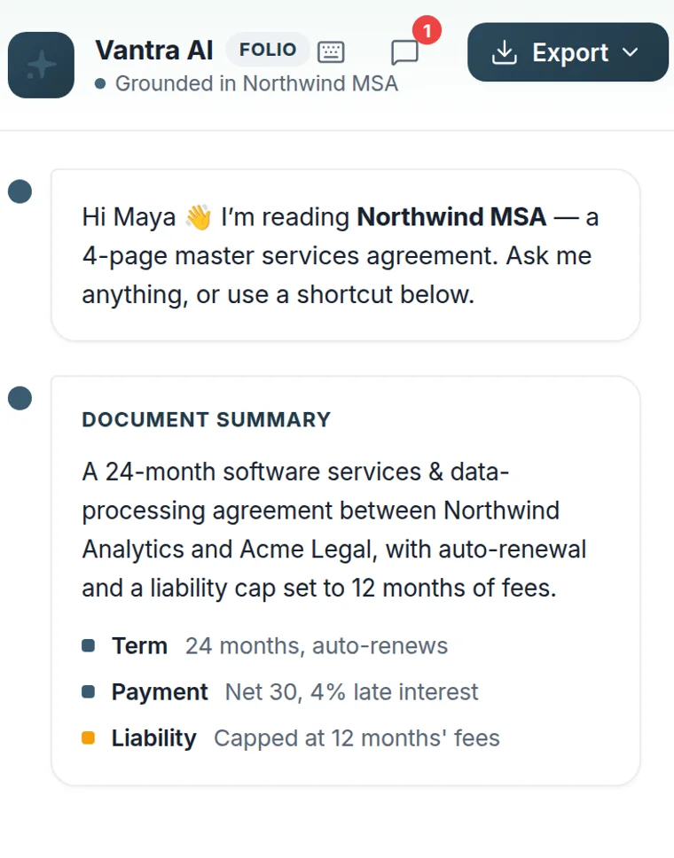 The Vantra AI panel grounded in an open agreement, showing a document summary with term, payment, and liability.