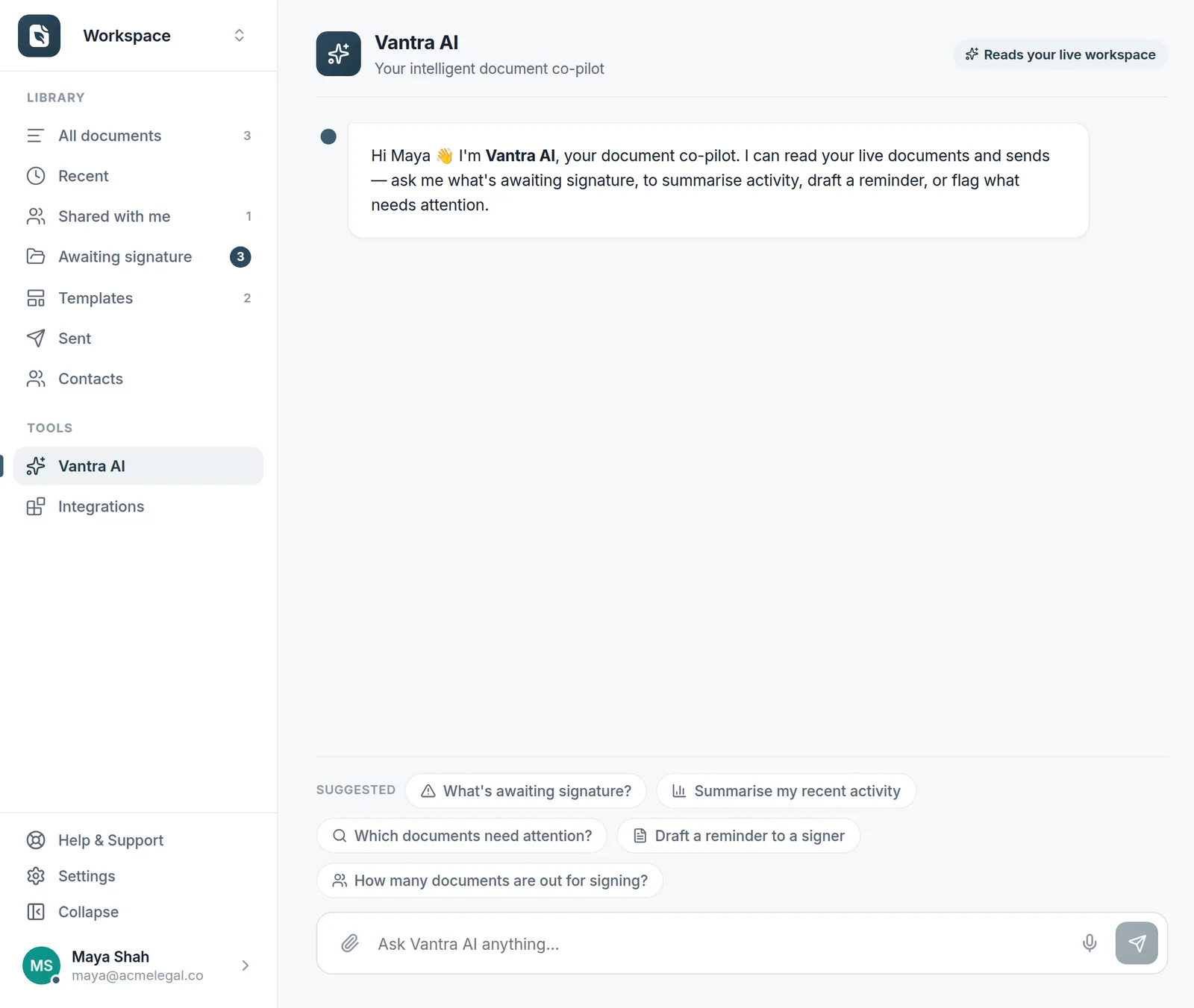 Vantra AI analysing an open contract in the Folio desktop app.