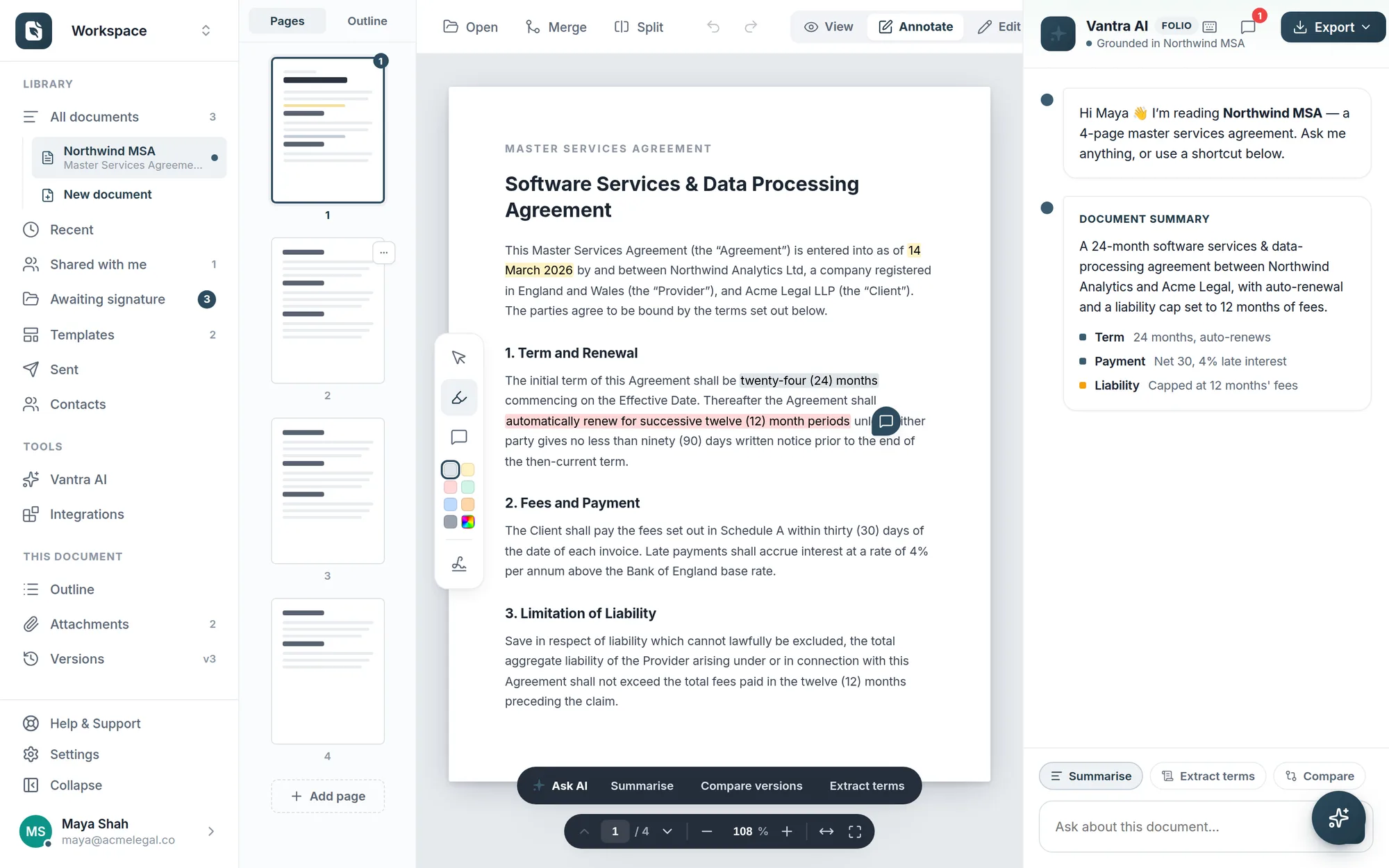The Vantra Folio editor: a master services agreement open with highlights, comments, and the Vantra AI panel summarising key terms.