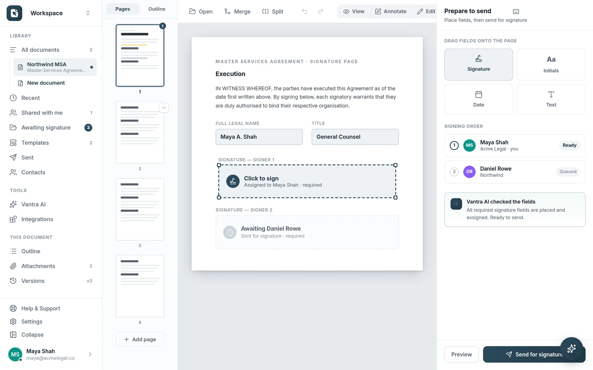 Prepare-to-send: drag-and-drop field palette, signing order, and an AI field check.