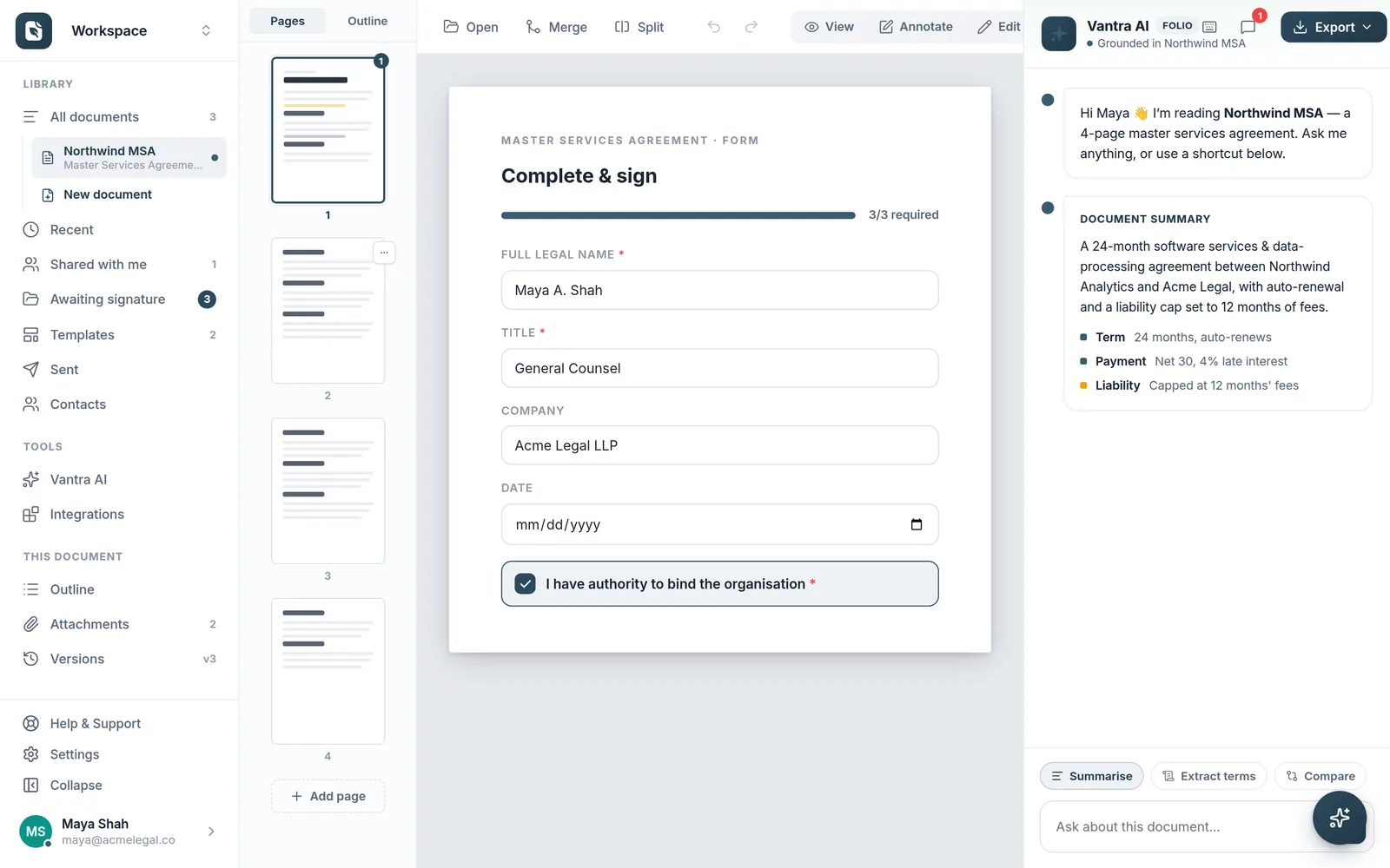 The recipient's guided complete-and-sign form with progress bar and required fields.