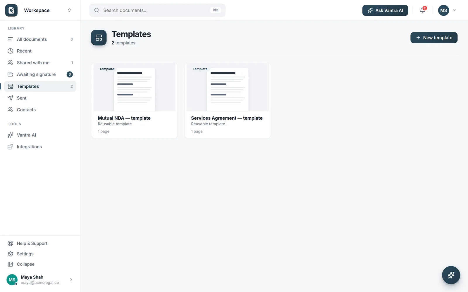 The Templates library with reusable NDA and services agreement templates.